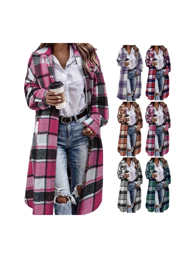 Women Fall Flannel Plaid Shacket Long Button Down Stand Collar Jackets with Chest Pockets Casual Oversized Long Sleeve Side Split Coats Trendy Work Outerwear
