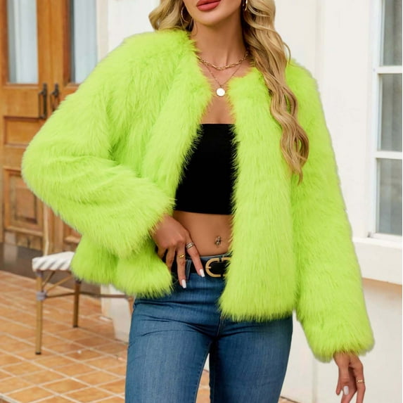 Gamivast Women Faux Fur Coat Oversized Crew Neck Long Sleeve Fuzzy Jacket Fall Fashion Open Front Solid Color Fleece Overcoat Casual Winter Warm Outwear