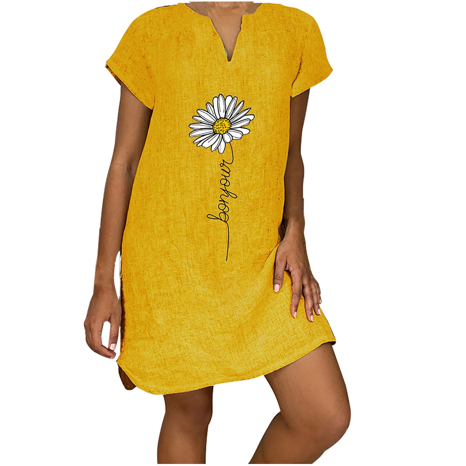 Gamivast Women Floral Print Cotton Linen ShortSleeve MidLength VNeck