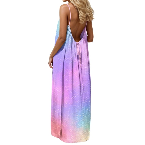Gamivast Women Gradient Maxi Dress Tie Dye Print Sleeveless Spaghetti Strap Summer Beach Sundress Loose Fit Holiday Casual Flowy Boho Sun Dress Gown