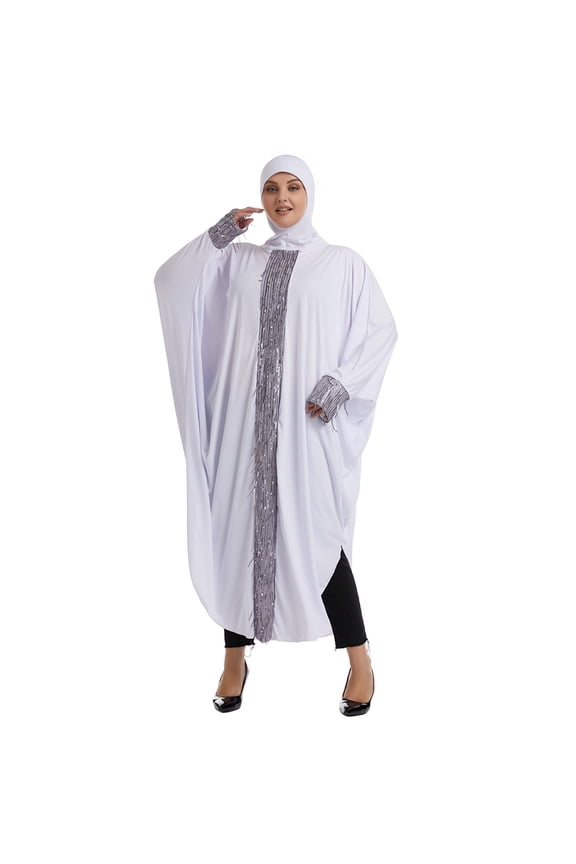 Women Muslim Abaya Dress Sequin Patchwork Kaftan Long Sleeve Loose Fit Batwing Sleeve Dubai Robe Modest Islamic Prayer Gown Middle East