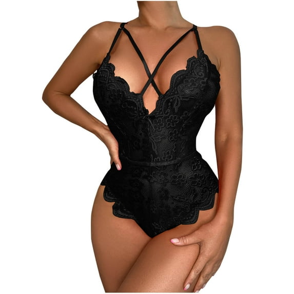 Gamivast Women Sexy Lingerie Backless Mini Teddy V Neck Bodysuit Floral Lace Lingerie Bodysuit Black XXL Lencería Sexy Para Mujer Clearance