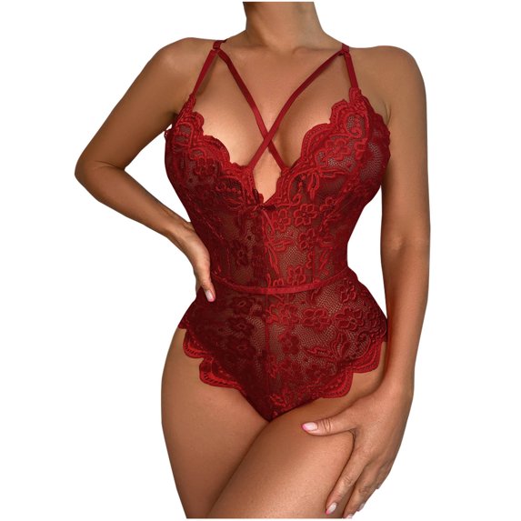 Gamivast Women Sexy Lingerie Backless Mini Teddy V Neck Bodysuit Floral Lace Lingerie Bodysuit Wine XL Lencería Sexy Para Mujer Flash Deals
