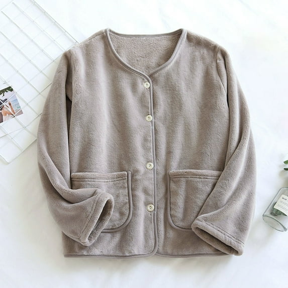 Gamivast Women Pajama Tops Oversized Button Down Long Sleeve Sleepwear Fuzzy Fleece Jacket Crew Neck Warm Winter Coat with Pockets Cute Ladies Teddy Coat Outwear
