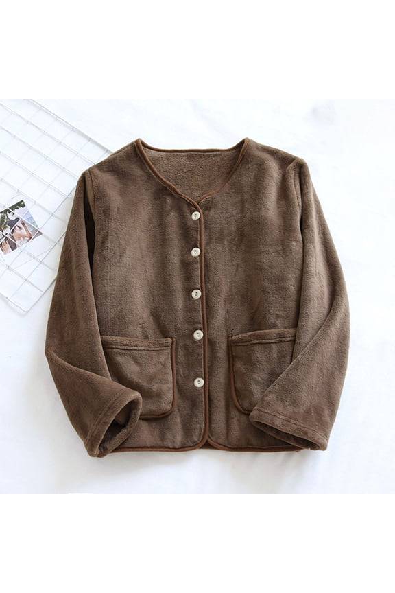 Women Pajama Tops Oversized Button Down Long Sleeve Sleepwear Fuzzy Fleece Jacket Crew Neck Warm Winter Coat with Pockets Cute Ladies Teddy Coat Outwear