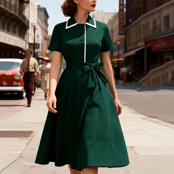 Gamivast Women Retro Dress Collared Button Down A Line Swing Vintage 1950S Rockabilly Belted Short Sleeve Party Cocktail Midi Tea Dress Contrast Trim