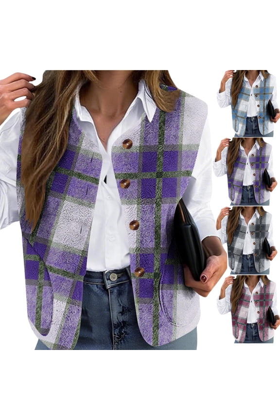 Women'S Plaid Vest Plus Size Fleece Casual Crew Neck Sleeveless Flannel Outerwear Lightweight Button Down Jackets with Pockets Winter Trendy Tops