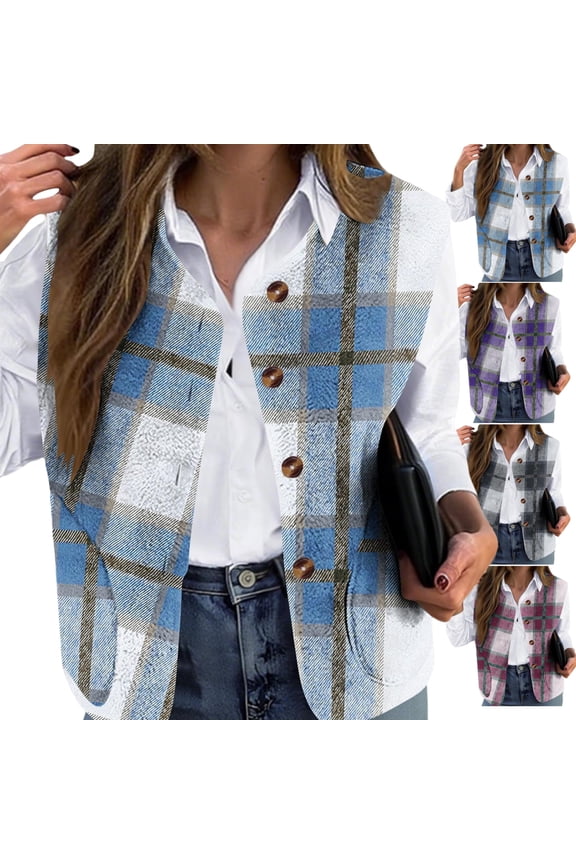 Women'S Plaid Vest Plus Size Fleece Casual Crew Neck Sleeveless Flannel Outerwear Lightweight Button Down Jackets with Pockets Winter Trendy Tops