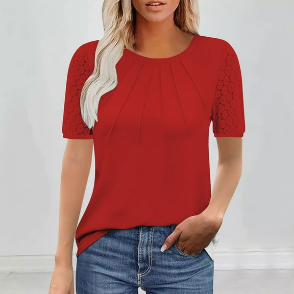 Gamivast Women's Summer Tops Ruched Puff Short Sleeve Shirts Dressy Casual Pleated Crew Neck T Shirt Solid Color Casual Cute Tunic Blouses RedM Camisas Para Mujer