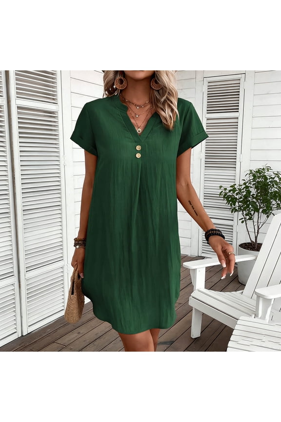 Women Shift Dress Button V-Neck Short Sleeve Loose Fit Mini Dress Casual Summer Beach Plain Basic Tunic Daily Work Soft Tee Shirt Dress Wear