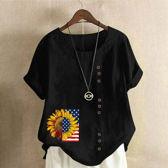Gamivast Women Summer Cotton Linen Shirts Embroidered Floral Casual Blouse Tunic Tops Loose Fit Ladies Boho Tops Black S Womens Clothes Placed by Me to be Delivered