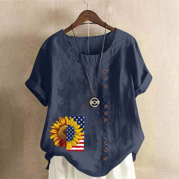 Gamivast Women Summer Cotton Linen Shirts Embroidered Floral Casual Blouse Tunic Tops Loose Fit Ladies Boho Tops Navy S Womens Plus Size Placed by Me to be Delivered