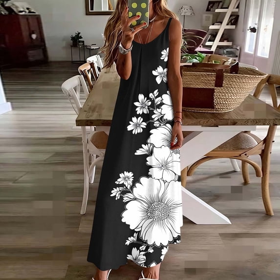 Gamivast Women Summer Sun Dress Floral Print Spaghetti Strap V-Neck Maxi Sleeveless Beach Holiday Loose Fit Casual Flowy Boho Long Sundress Gowns