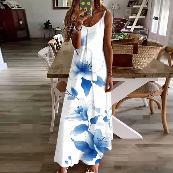 Gamivast Women Summer Sun Dress Floral Print Spaghetti Strap V-Neck Maxi Sleeveless Beach Holiday Loose Fit Casual Flowy Boho Long Sundress Gowns