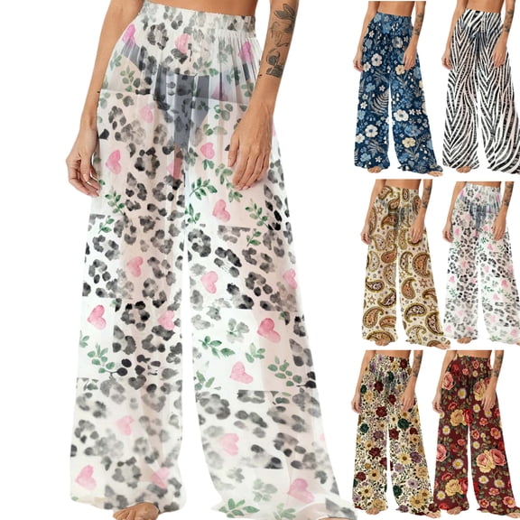 Gamivast Women Swim Cover up Pants Print Sheer Wide Leg Pant Lightweight Elastic Wist Flowy Boho Swimwear Breathable Summer Beach Vacation Outfits