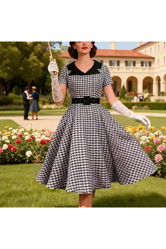Women Vintage Dress Gingham Print 1950S Retro Rockabilly A Line Swing Belted Collared Short Sleeve Casual Party Cocktail Midi Tea Dress Gown