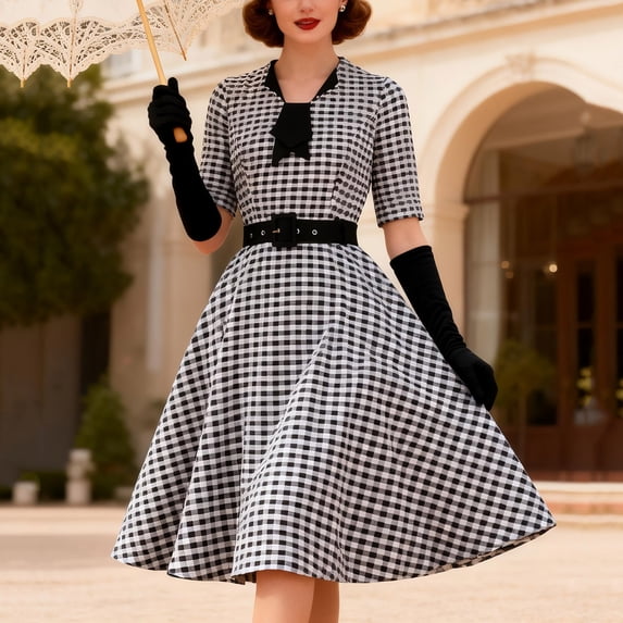 Gamivast Women Vintage Dress Gingham Print 1950S Retro Rockabilly A Line Swing Belted Collared Short Sleeve Casual Party Cocktail Midi Tea Dress Gown