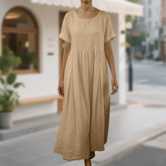 Gamivast Women's Casual Maxi Dress Round Neck Short Sleeve Pleated High Waist Loose Fit Summer Beach Holiday Flowy Plain Boho Long Smock Sundress Gown