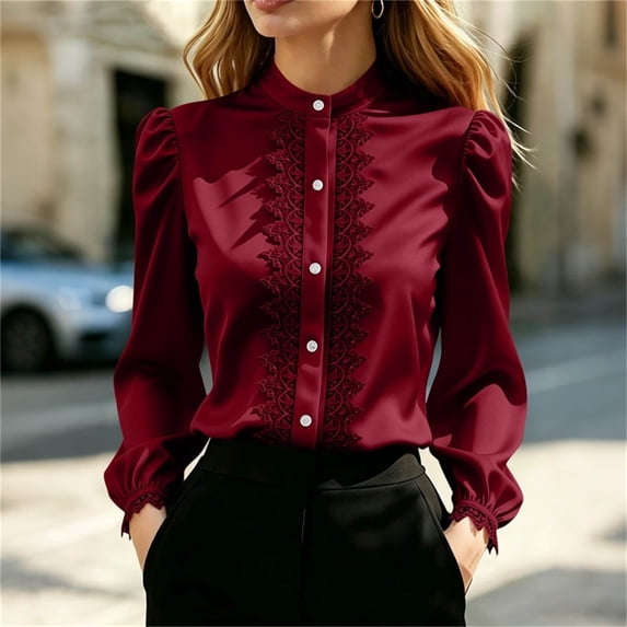 Gamivast Women's Chiffon Blouses Long Puff Sleeve Button Down Shirts Stand Collar Casual Flowy Tops with Lace Trim Elegant Dressy Fall Work Office Clothes