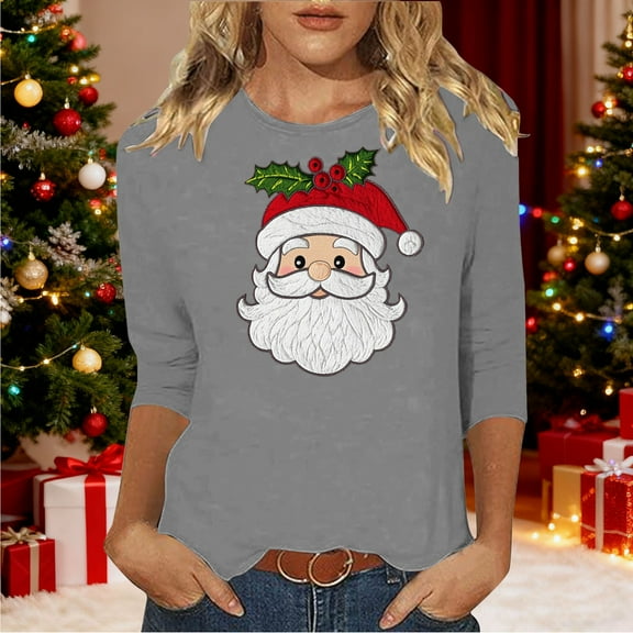 Gamivast Women's Christmas Shirts Three Quarter Sleeve Tops Christmas Santa Crew Neck Shirt Funny Xmas Holiday Graphic Tee Family Holiday T-Shirt Blouse Casual Loose Fitting Pullover