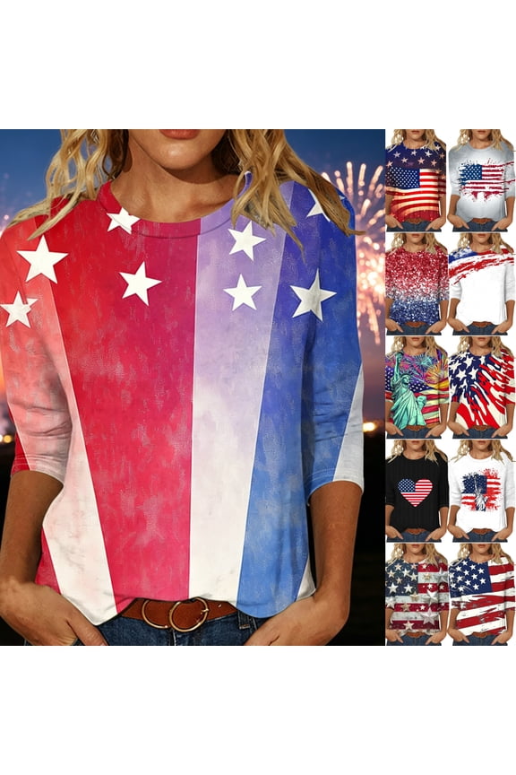 Women's in Clothing 4Th of July Shirts Women 3/4 Length Sleeve Crew Neck Tunic Tops Flag Shirt 2025 Independence Day Gift Red XXL Recent