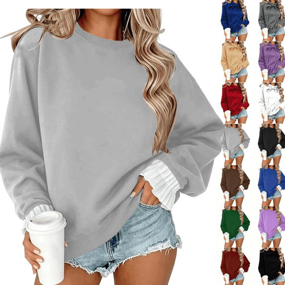 Gamivast Women's Crewneck Sweatshirt Oversized Drop Shoulder Pullover Sweatshirts with Ruffle Cuffs Long Sleeve Pullover Fall Winter Fashion Outfits Gray S