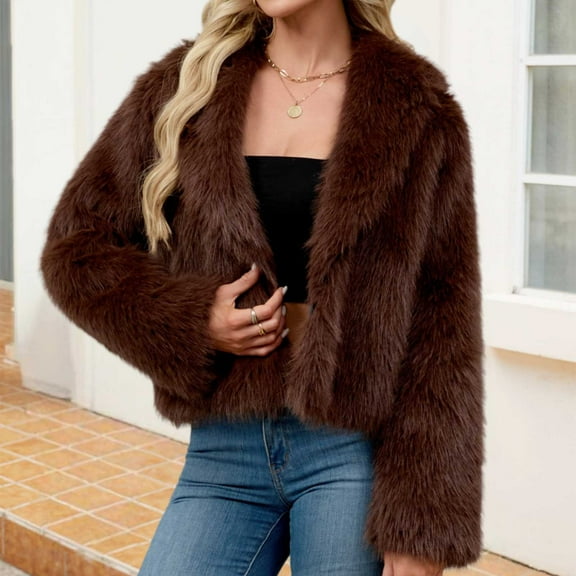 Gamivast Women's Cropped Faux Fur Coat Casual Open Front Lapel V Neck Fuzzy Jackets Winter Warm Long Sleeve Outerwear Trendy Clothes for Cold Weather