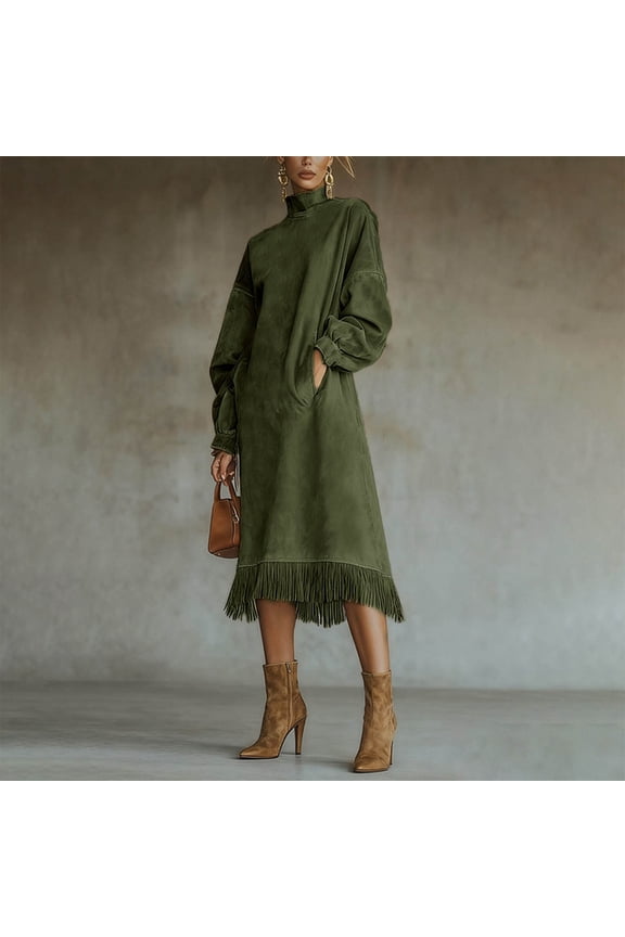 Women's Fringe Midi Dress Mock Neck Long Puff Sleeve Tassel Hem Loose Fit Western Vintage Elegant Party Cocktail Autumn Winter Shift Gown Wear