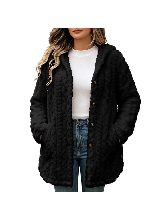 Women's Fuzzy Fleece Cardigan Coat Hooded Cable Knit Textured Winter Warm Jacket Button Down Long Sleeve Sherpa Outerwear with Pockets