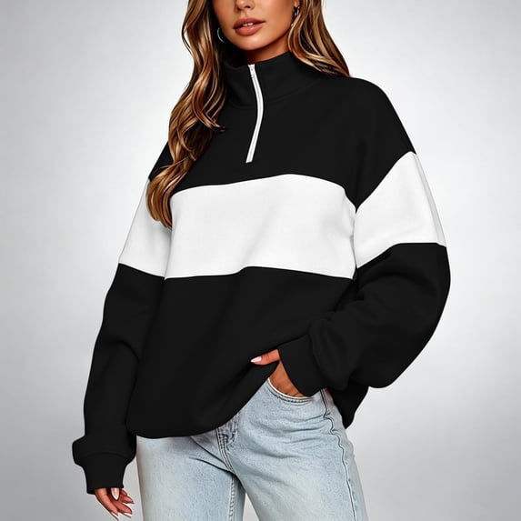 Gamivast Women's Half Zip Pullover Sweatshirt Colorblock Stand Collar Long Sleeve Soft Athletic Tops Casual Oversized for Outdoor Workout Daily Wear Black XXL