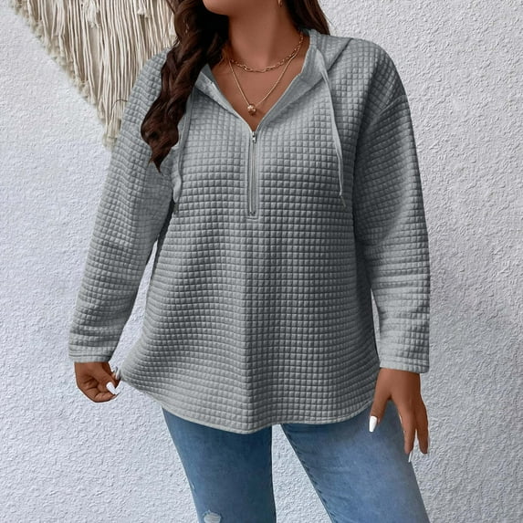 Gamivast Women's Hoodies Plus Size Plaid Half Zip Long Sleeve Sweatshirts Trendy Drawstring Drop Shoulder Shirts Spring outdoor Trendy Pullover