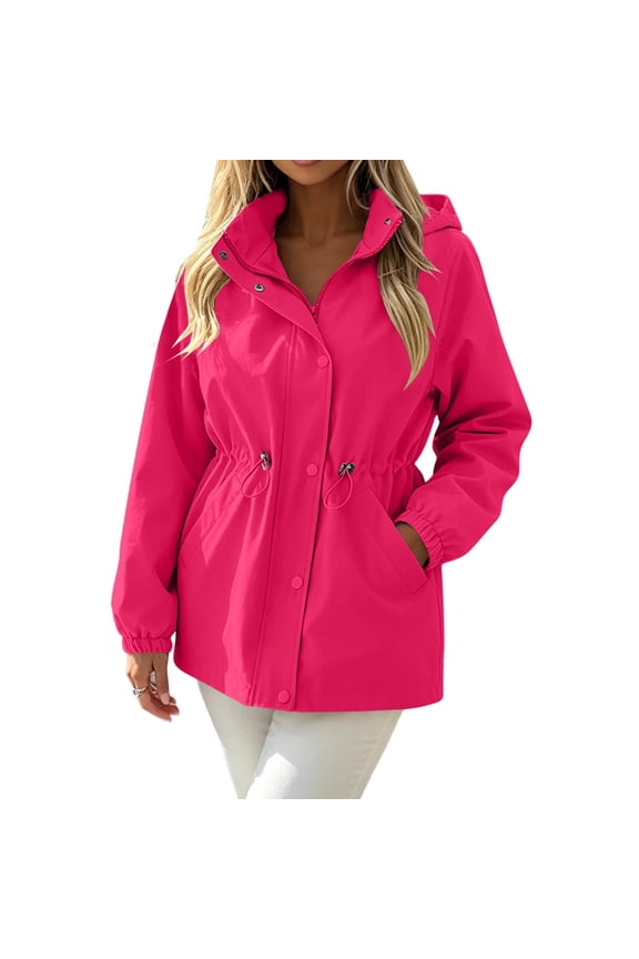 Women's Jacket Drawstring Waist Long Sleeve Full Zip Hooded Windbreaker Jackets Casual Long Sleeve Lightweight Outdoor Hiking Coats Pink S