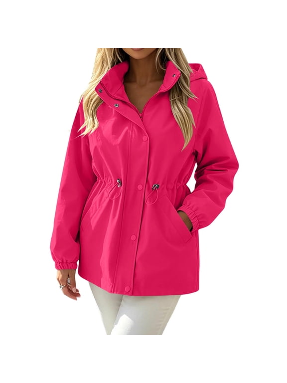 Women's Jacket Drawstring Waist Long Sleeve Full Zip Hooded Windbreaker Jackets Casual Long Sleeve Lightweight Outdoor Hiking Coats Pink XL