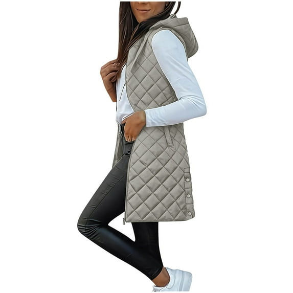 Gamivast Women's Long Quilted Vest Hooded Lightweight Zip up Side Split Padded Jackets with Pockets Loose Casual Drawstring Solid Color Coats Warm Winter Trendy Outerwear