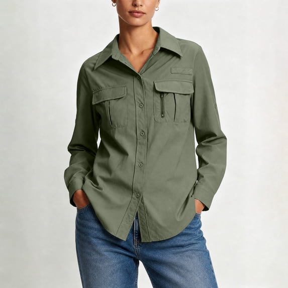 Gamivast Women's Long Sleeve Shirts upf Sun Protection Quick Dry Lightweight Fishing Shirt with Zipper Pockets for Hiking Safari Outdoor Activewear Tops Army Green XXL
