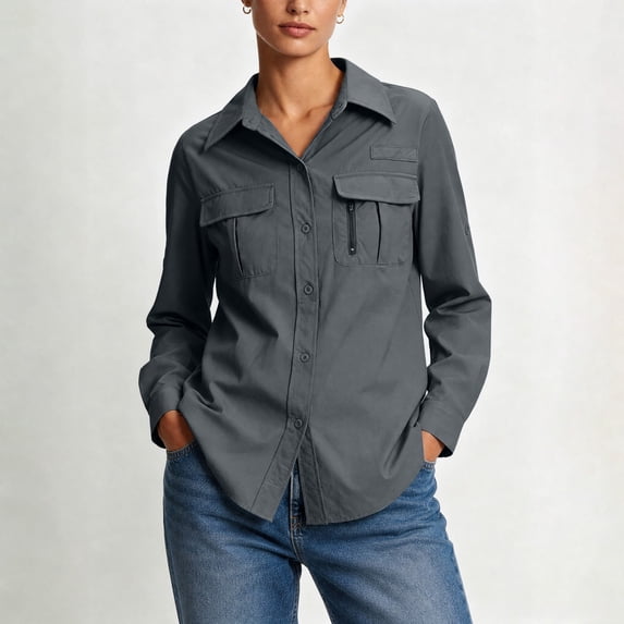 Gamivast Women's Long Sleeve Shirts upf Sun Protection Quick Dry Lightweight Fishing Shirt with Zipper Pockets for Hiking Safari Outdoor Activewear Tops Dark Gray XL