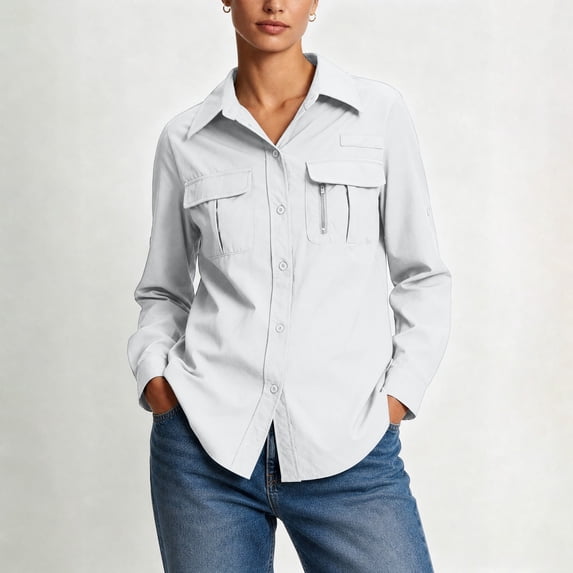 Gamivast Women's Long Sleeve Shirts upf Sun Protection Quick Dry Lightweight Fishing Shirt with Zipper Pockets for Hiking Safari Outdoor Activewear Tops White XL