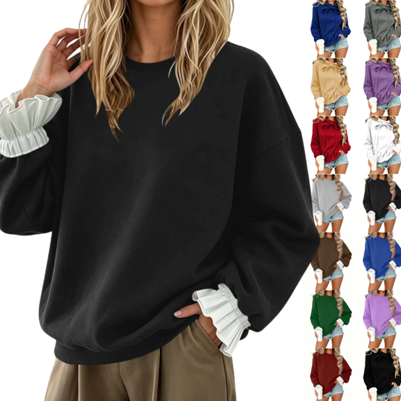 Gamivast Women's Oversized Sweatshirt Crewneck Drop Shoulder Pullover Sweatshirts with Ruffle Cuffs Long Sleeve Pullover Fall Winter Fashion Outfits Black L