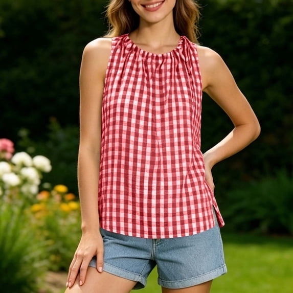 Gamivast Women's Plaid Tank Tops Sleeveless Casual Shirts Pleated High Neck Loose Fit Summer Blouses Lightweight Comfortable Everyday Fashion Tunic Tops for Work Red S
