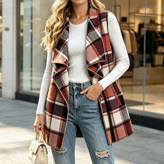 Gamivast Women's Plaid Vest Open Front Sleeveless Jackets Casual Lapel Cardigan Coats Fall Winter Warm Outerwear Orange L