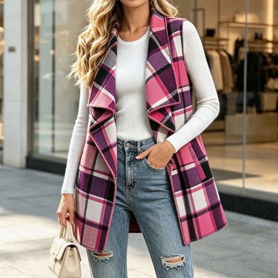 Gamivast Women's Plaid Vest Open Front Sleeveless Jackets Casual Lapel Cardigan Coats Fall Winter Warm Outerwear Pink L