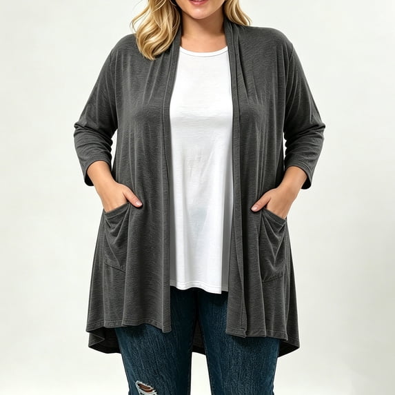 Gamivast Women's Plus Size Long Cardigan 3/4 Sleeve Open Front Lightweight Relaxed Fit Layering top with Pockets for Casual Office Wear Dark Gray M