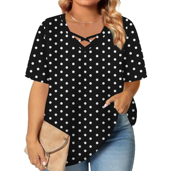 Gamivast Women's Plus Size Tops Oversized Short Sleeve V Neck Polka-Dot Shirts Trendy Crossed Front Casual Loose fittedted Blouses Going out Trendy Outfits