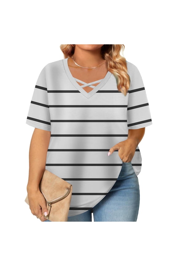Women's Plus Size Tops Stripe Print Loose Short Sleeve V Neck Shirts Trendy Casual Criss Crossed Front Blouses Everyday Lounge Outfits