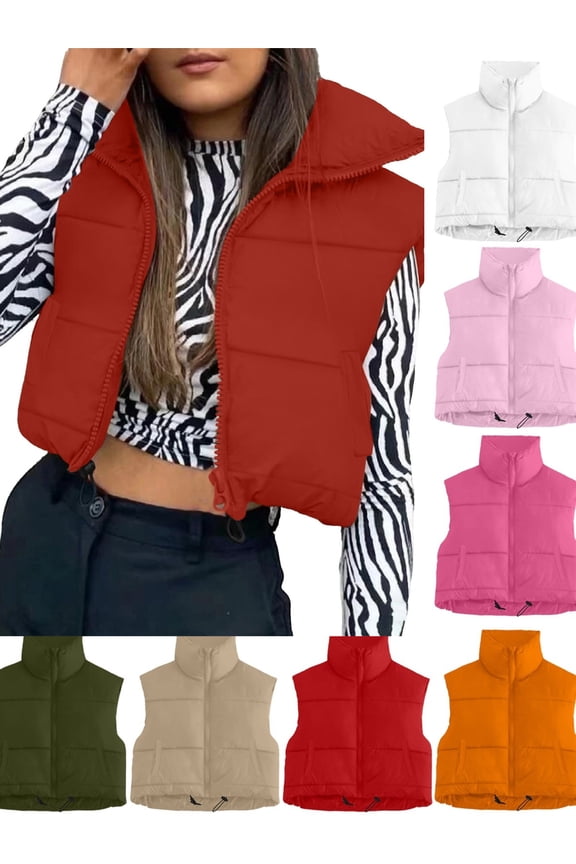 Women's Puffer Vest Lightweight Sleeveless Stand Collar Zip up Jacket with Pockets Winter Warm Button Down Cropped Coat Oversized Drawstring Hem Outerwear