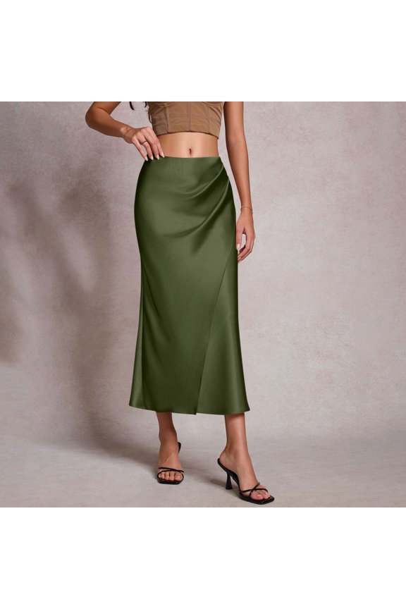 Women's Satin Maxi Skirt High Waisted Elegant Ruched Detail Draped Front Tulip Hem Wrap Skirt Side Zipper Closure Evening Party Asymmetrical Skirt