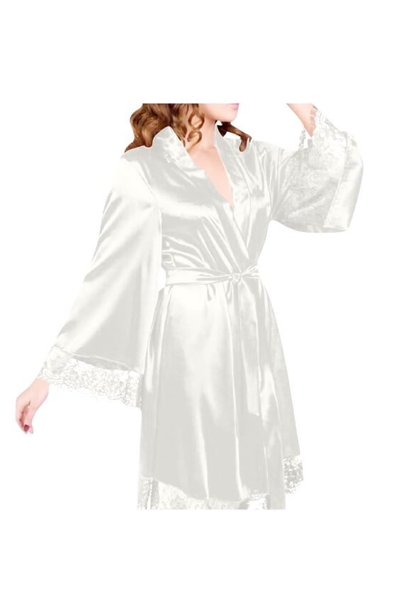 Women's Satin Robe 2 Piece Sleepwear Set Long Sleeve Kimono Bathrobe with Lace Trim and Belt Silky Smooth Breathable Fabric Loungewear Nightwear