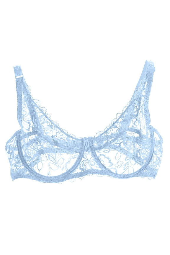 Women's Bra Sheer Lace Bra Floral Mesh Lace Bra Plus Size Full Coverage Bras Unlined Embroidered Mesh Soft Bras Blue M Brasier Sin Varillas Para Mujer