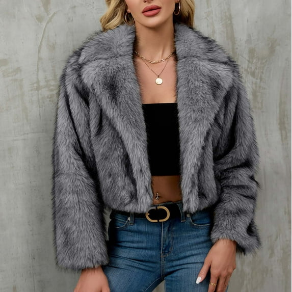 Gamivast Women's Short Faux Fur Cardigan Jacket Casual Long Sleeve Lapel Collar Coats Winter Warm Cropped Solid Color Open Front Tops Y2K Fall Fashion Jackets