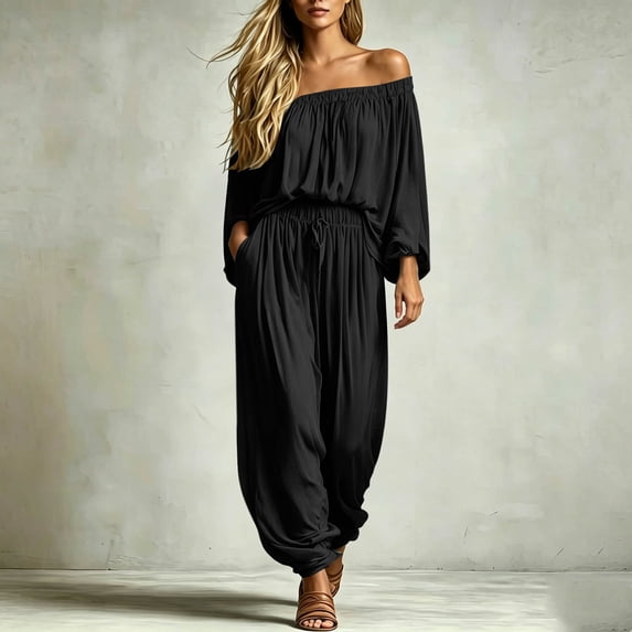 Gamivast Women's Off The Shoulder Jumpsuit Casual Summer Short Sleeve Romper High Waisted Elastic Long Pant Playsuit Flowy Boho Lounge Wear with Pockets for Beach Vacation Party Black S